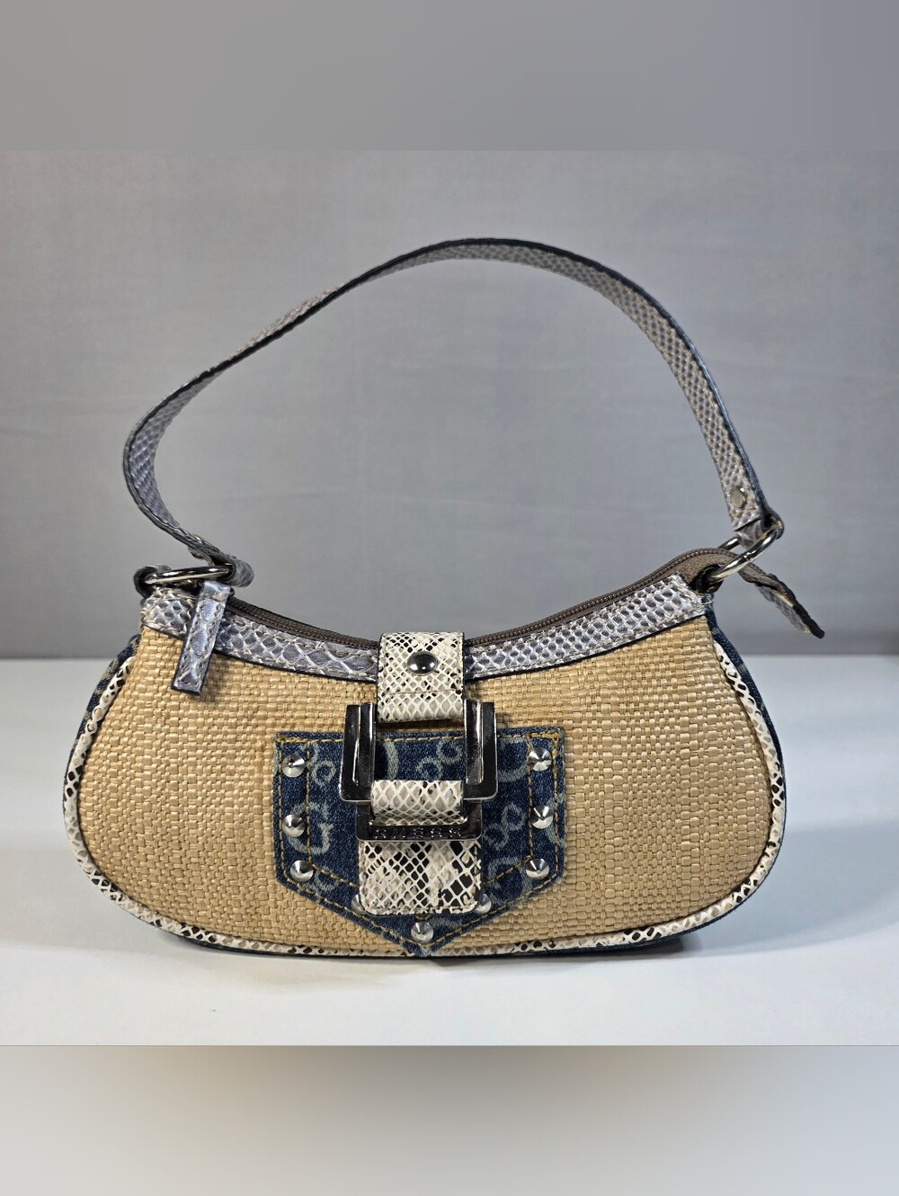 Vintage Y2K Guess Saloon straw Mini denim patchwork Faux Snakeskin Shouler Bag